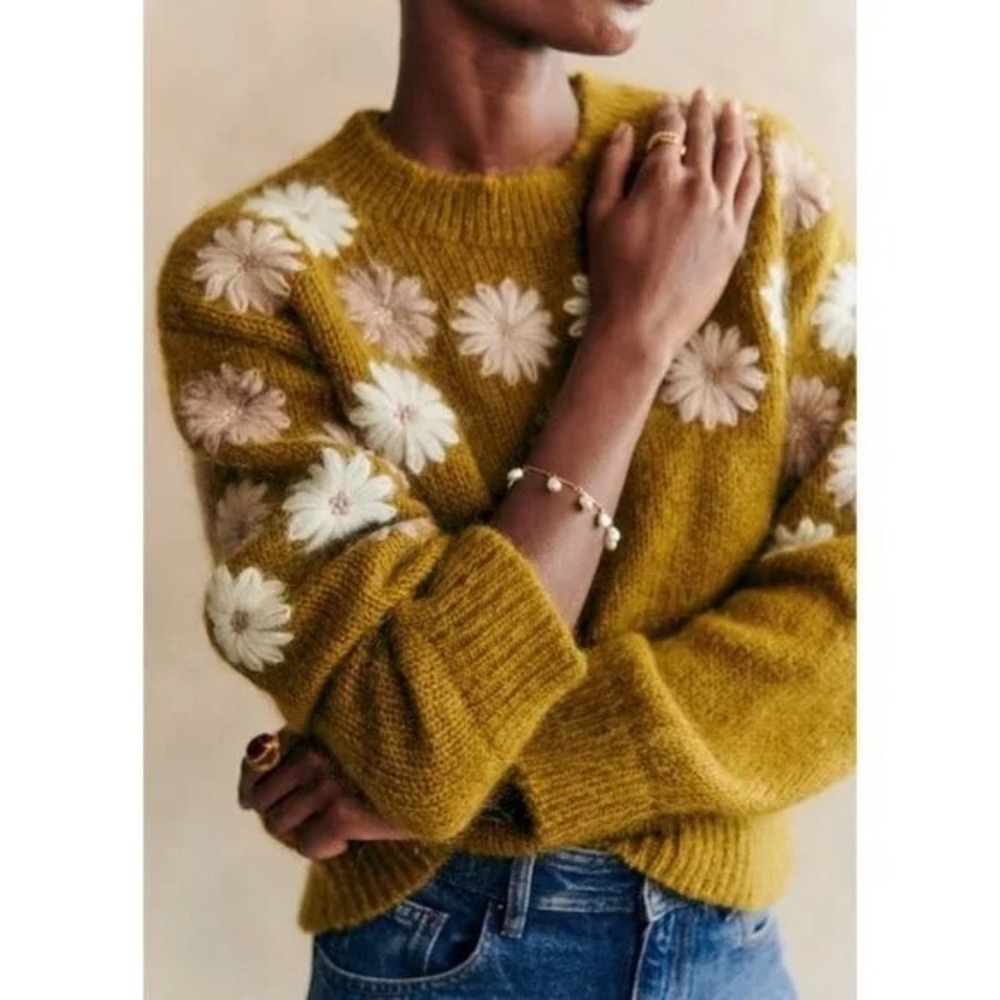 SÉZANE La Maille Sezane Suzon Jumper Sweater Olive Floral Embroidered Large - Picture 5 of 15